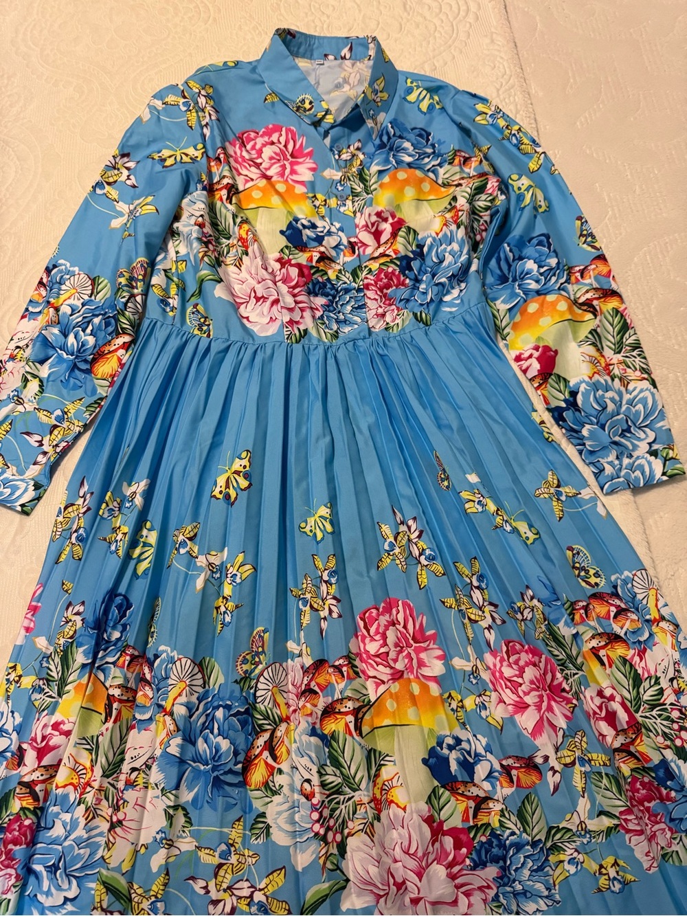 Floral Blue Long Sleeve Pleated Dress